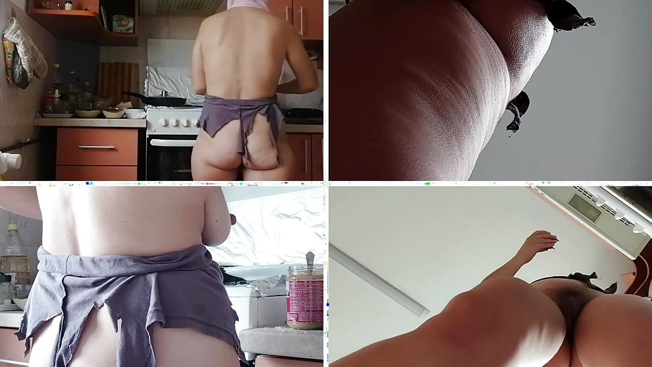 Brunette hairy pussy prepares breakfast naked in the kitchen. Sexy mom cleans the house naked.
