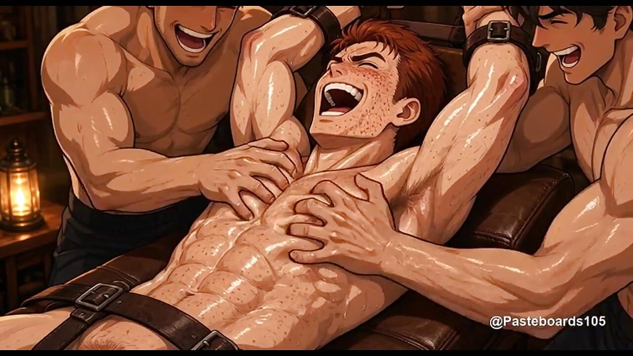 The Massage Table - Strapped Down And Oiled, Hands On His Ribs And Bare Soles (2D Anime Bara)