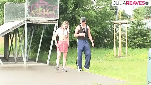Hot teen rides a huge cock in the bushes to a mouth cumshot