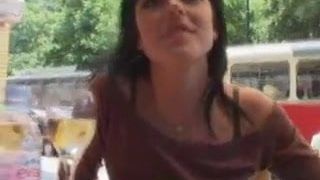 brunette sucks and fucks in a small wood near people