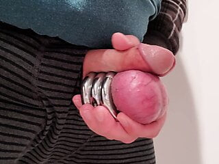 Balls weight stretching and jerking-off