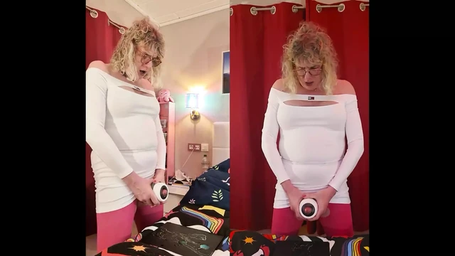 TS Lilly Sophie играет с ее большими сиськами и твердый девчий хуй в ее белом платье и кончает с мастурбатором