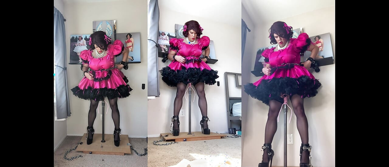 Pink Sissy Maid Candy Is Locked Onto Her Dildo Stand and Rides Her Pole