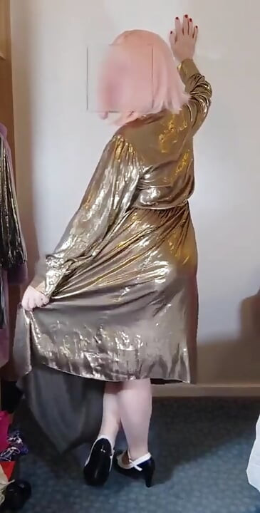 Hot Crossdresser in Sexy Gold Metallic Dress