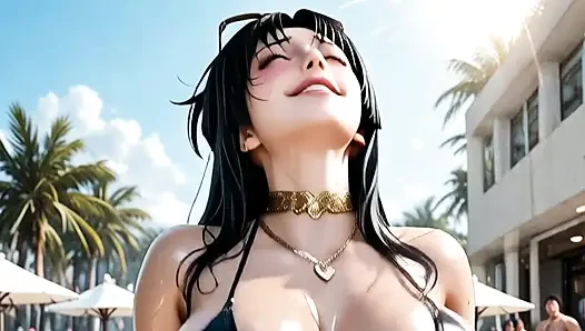 Vollbusige japanische MILF wird bei einem öffentlichen pool-event von einem großen schwanz hart gefickt, KI-generiert