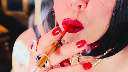 A Stunning Brit Smokes A Cigarette Using A Holder - Tina Snua Smoking Smoker Leather Bra