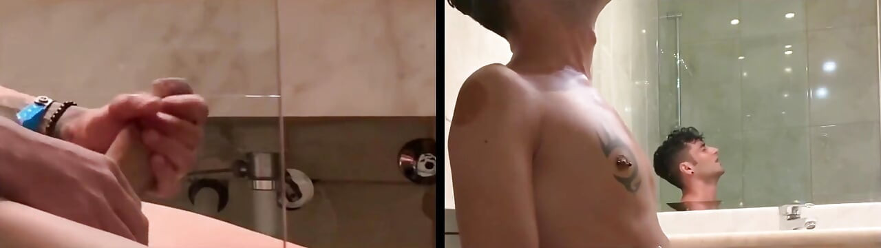 Two Angles - Big Cock and Face Expressions - Intense Quick Jerk off and Cum in the Bathroom