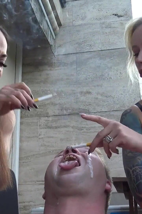 Two Wild MILF Sluts Spitting on Their Slave
