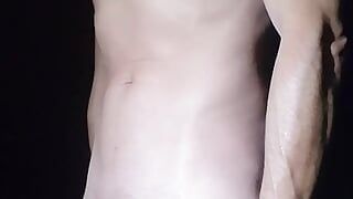 Skinny guy is horny as fuck. Lots of cum drips from flaccid cock