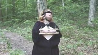 숲에서 하드코어한 속박을 당하는 뚱뚱한 미녀.