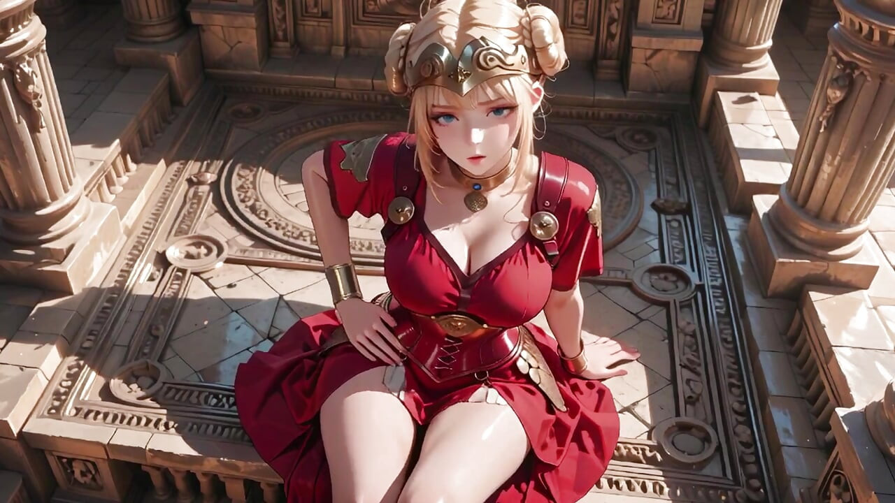 Red Armor Queen! Forbidden Gaze in the Roman Corridor, Skirt Lift Reveal, Hand on Lips Teasing You...