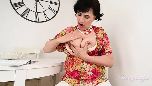 AuntJudys - 63yo Horny Mature Hairy GILF Minia Masturbates in the Kitchen