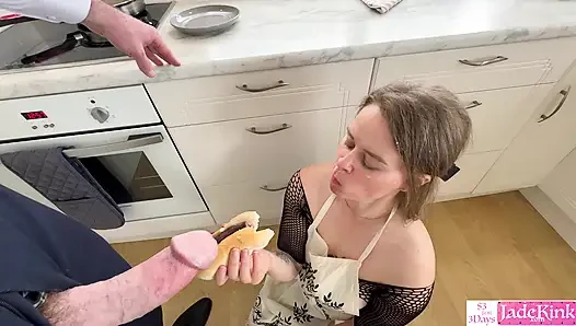 Cumming on her food - Submissive girlfriend made to eat food with cum