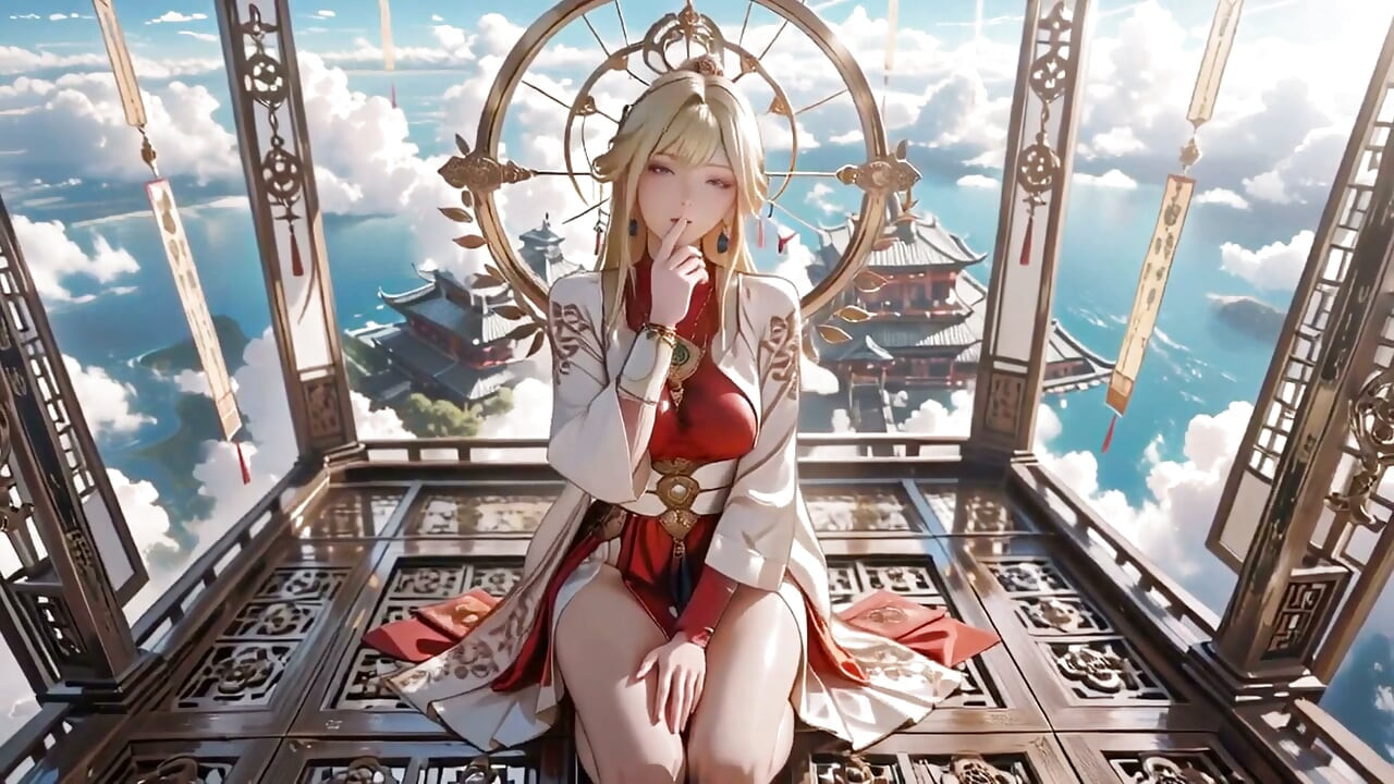 Celestial Goddess Descends! Red & White Hanfu, Golden Hair, Barefoot on the Cloud Array.