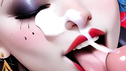 Psycho Cosplay Girl POV: Deepthroat & Messy Facial Cumshot AI Animation