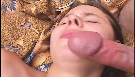 Tattooed babe gets her huge tits and bush screwed by two men with hard d...