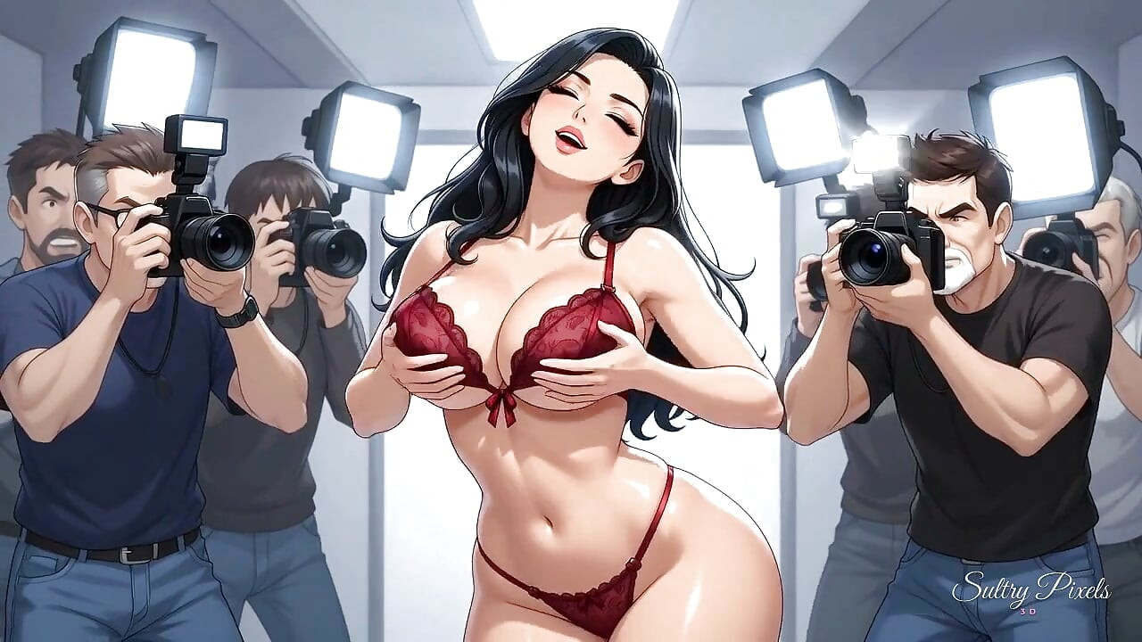 Người mẫu tóc quạ vú to bóp bộ ngực khổng lồ của cô ấy cho một căn phòng đầy nhiếp ảnh gia