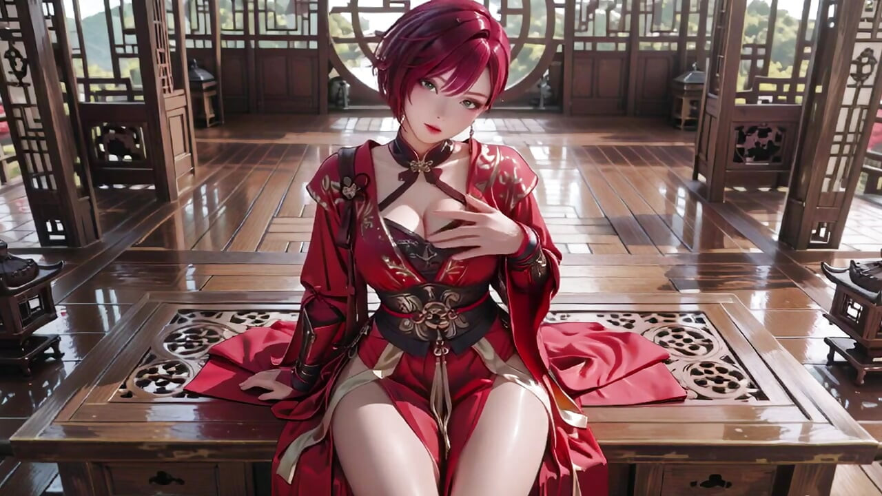 Purple-haired War Maiden in high-slit kimono, kneeling to tease your eyes with a fiery gaze and a wet, forbidden whisper.