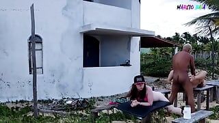 Camera placed in a beach hut records two BBW girls with big asses fucking a guy with dyed blonde hair