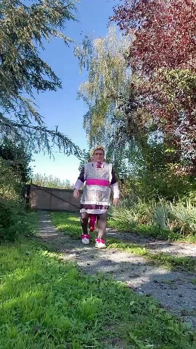 In gardener's clothes after taking a piss shower, a little walk down my driveway