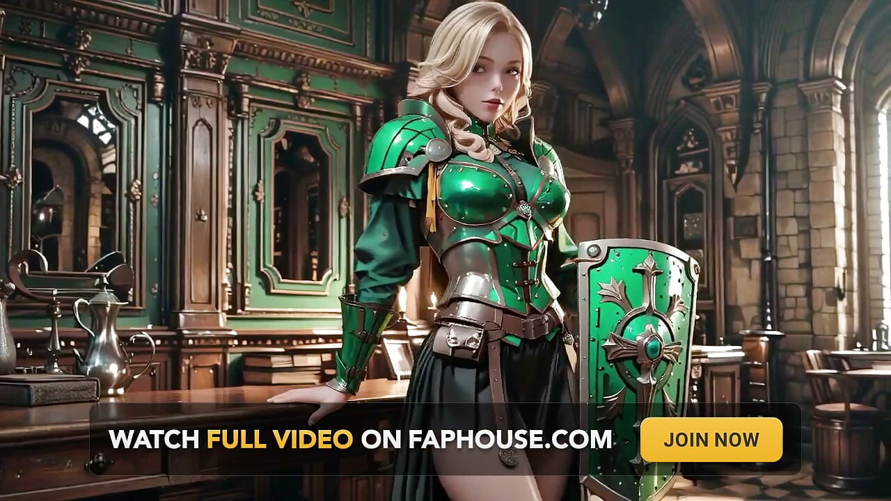 Medieval Knight Fantasy! Green Armor & Wet Secrets, Kneeling in the Library Gazing at You, Hand on Chest Teasing