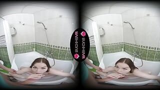 Naked horny girl Alexa Mills sucks dick and fucks in the bathroom in VR.