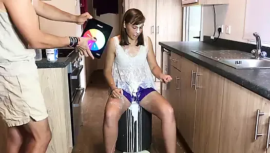 Oiled and creamed girl gunged in the caravan