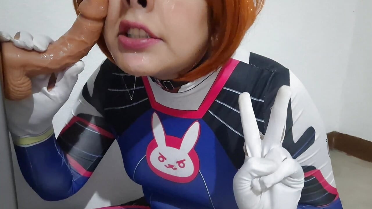 Femboy with Dva Cosplay and BDSM Nosehook Giving a Blowjob, Eating Cum and Deepthroat to Big Dildo