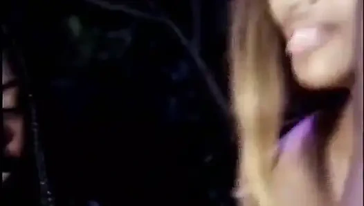 Sexy black lesbians threesome pussy dildo penetrated