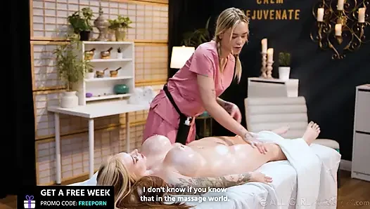ALL GIRL MASSAGE - Cubbi Thompson yağlı büyük meme masajı yaptırıyor ve ateşli lezbiyen makaslama oluyor