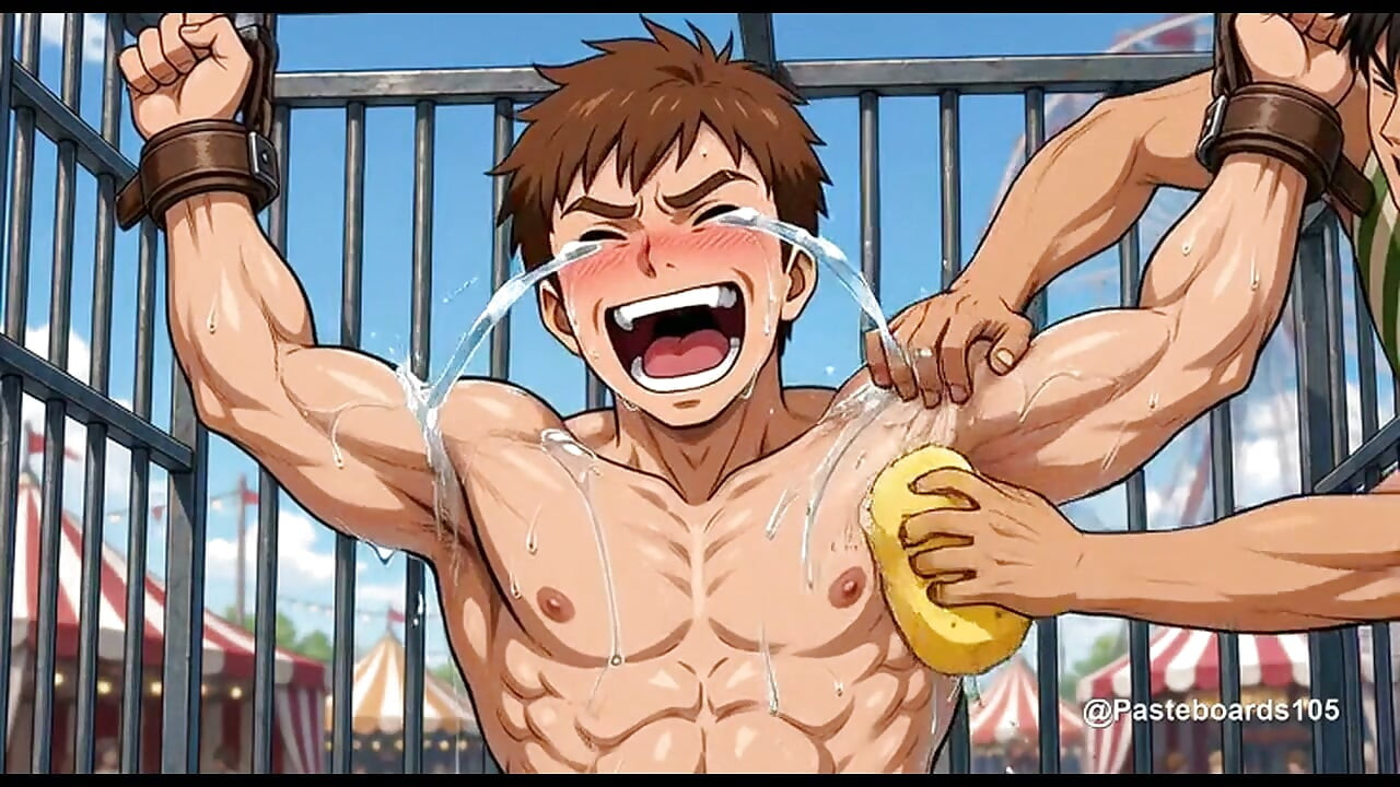 Připoutaný na sedátku karnevalové střelnice, houby a prsty na chodidlech a podpaží (2D anime)