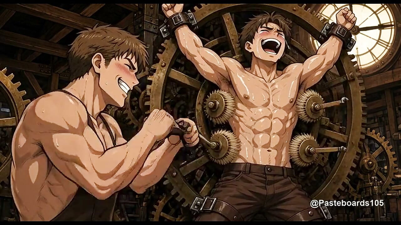 Caught In The Giant Clockwork - Clockmaker Strapped In The Gears, Bristle Pads Sweeping His Sides An