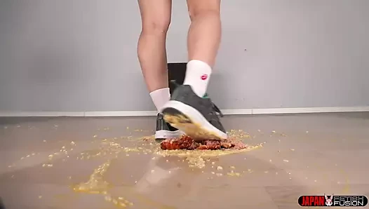 Food Crush Delight: Machi Ikuno's Messy Food Stomping Neon Spectacle