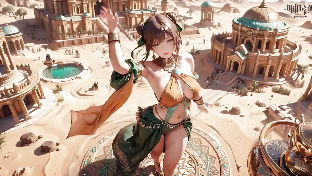 Coroação da Rainha do Ouro Verde! Deitada de lado preguiçosamente no Palácio do Deserto, dedos provocam o cabelo e o véu, pele beijada pelo sol brilhando.