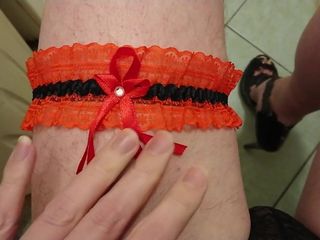 Red garter and black high heel sandals cum