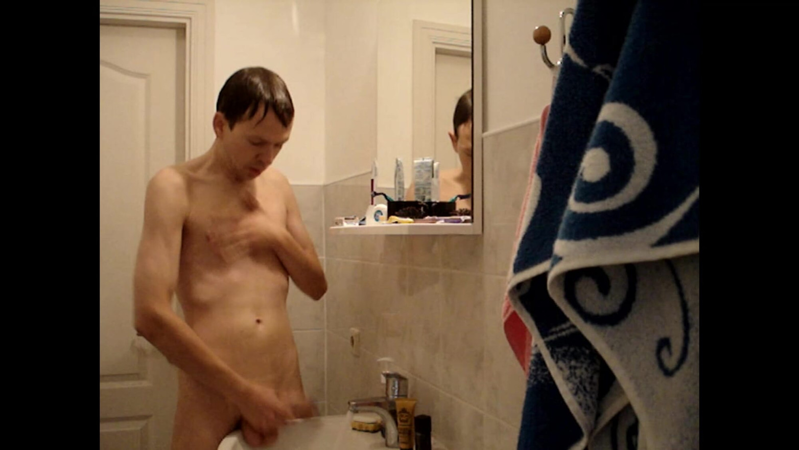 Shy gay boy moans and orgasms in the bathroom before leaving for school