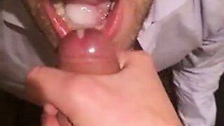 Guy takes the cum load on his tongue and swallows 5