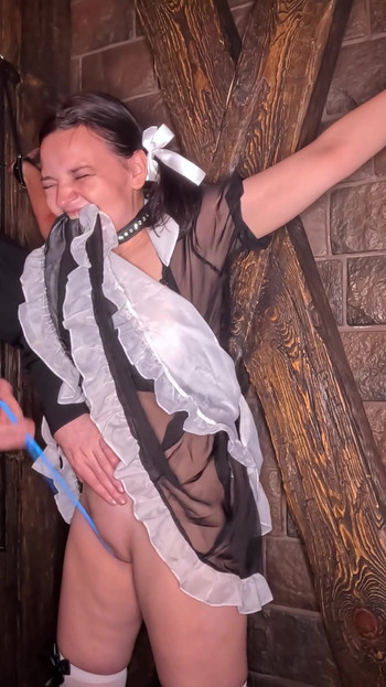 Emotional moment from "BDSM. Slut in school uniform gets punishment and anal"