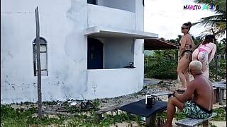 Camera placed in a beach hut records two BBW girls with big asses fucking a guy with dyed blonde hair