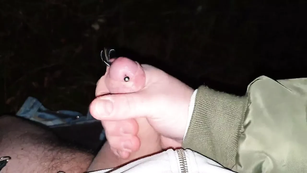 Stroking my pierced cock in the woods + cumshot with moaning
