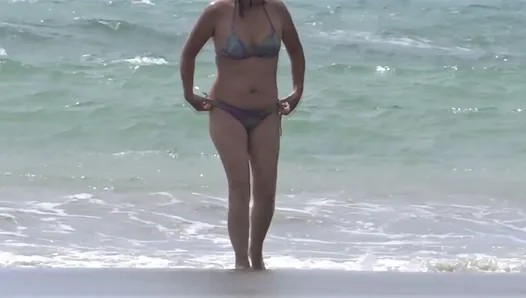 My wife on the beach, hotel guard cums on her hairy pussy