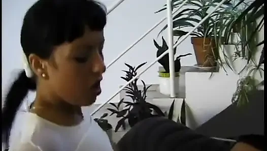 Black hair slut in pig-tails sucks and fuck hot juicy dick on sofa