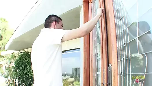 Seductive brunette teases her neighbor with her skimpy