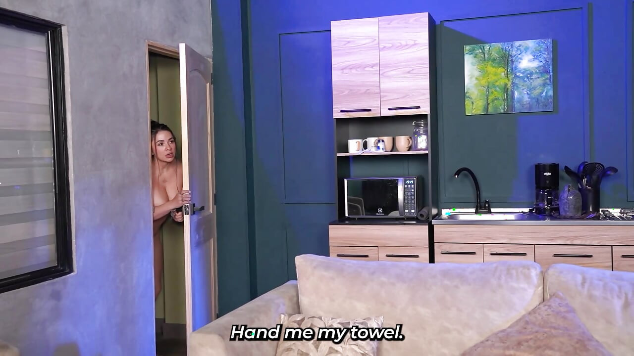 Stepson plays a prank on his busty stepmother in the bathroom