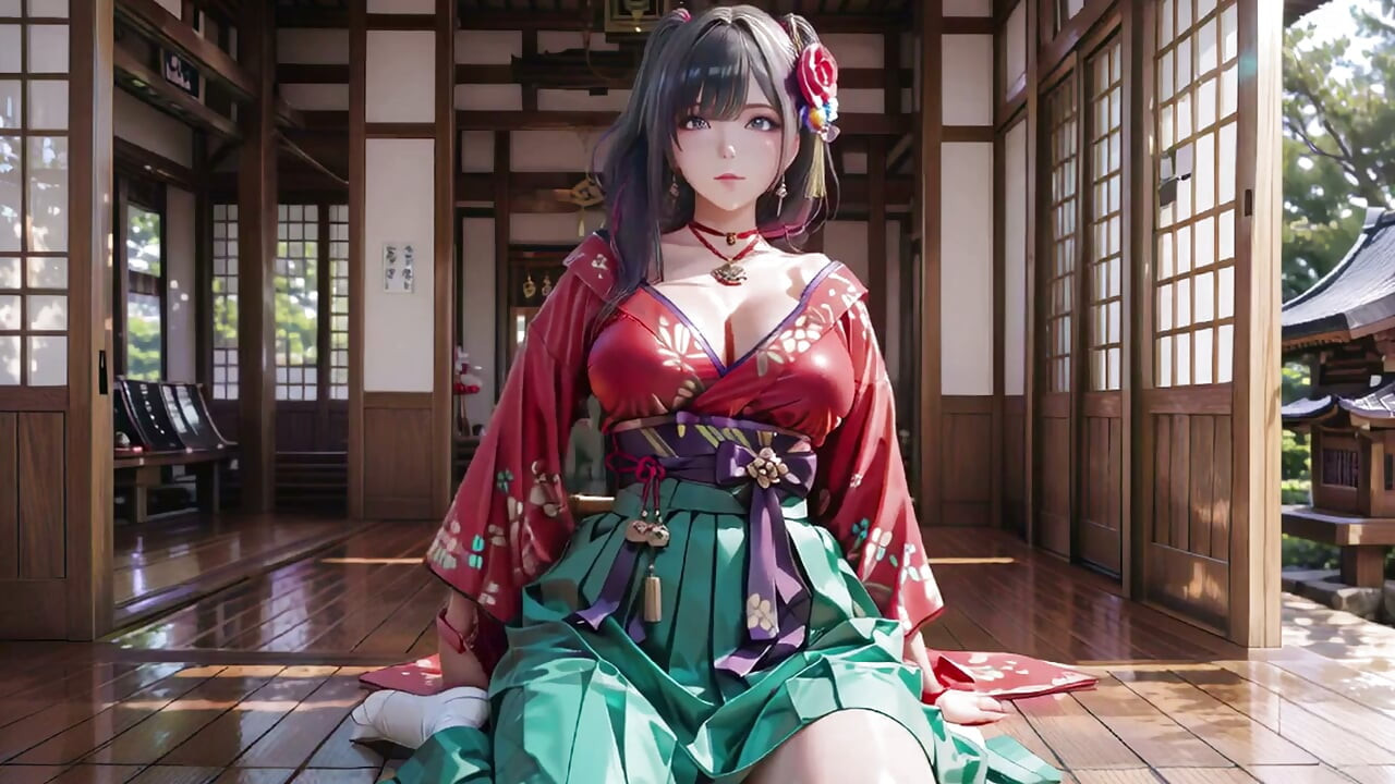 Paarse Haar Kimono Meisje's Privé Ochtend! Rood & Groen contrast is waanzinnig.