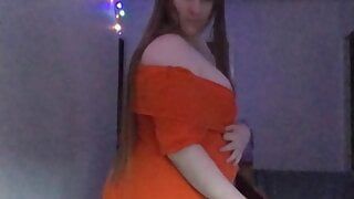 Flaunting my huge creamy curves in orange then...CUM!
