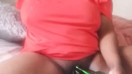 Pussy drilling with a bottle, sucking big clit with a bottle