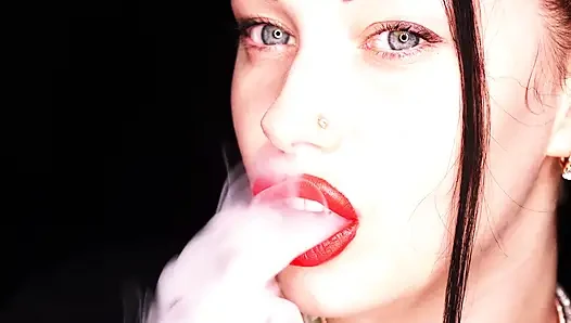 4K Applying red lipstick and smoking hookah on black background