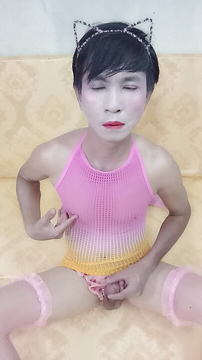 Transgender Oanh Le wears sexy clothes masturbating and ejaculates all over her body