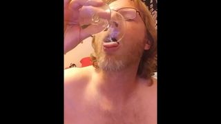 cum starved slut drinks glass of his own cum